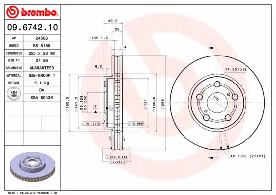 Ventilated disc brake, 1 pcs. Brembo 09.6742.10
