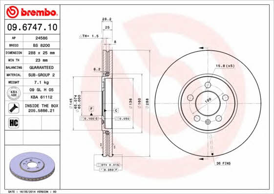 Ventilated disc brake, 1 pcs. Brembo 09.6747.10