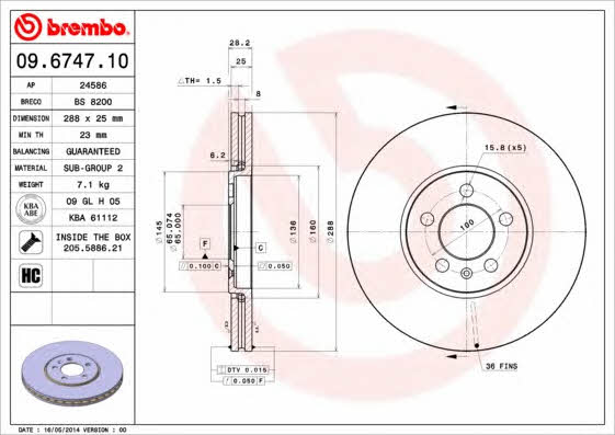 Vented brake disc, 1 pc Brembo 09.6747.10