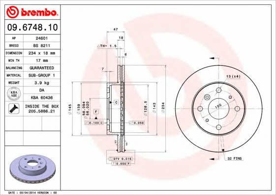 Ventilated disc brake, 1 pcs. Brembo 09.6748.10