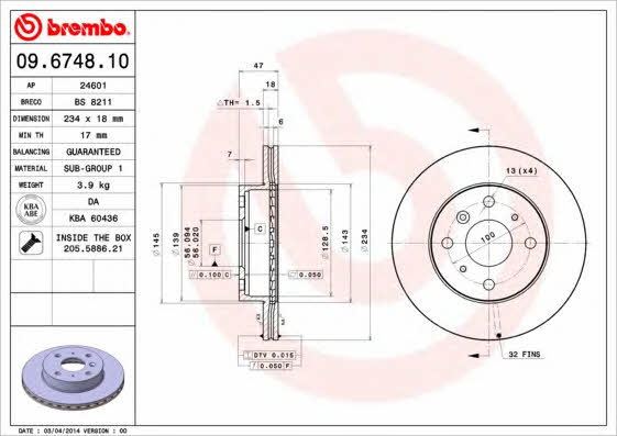 Vented brake disc, 1 pc Brembo 09.6748.10