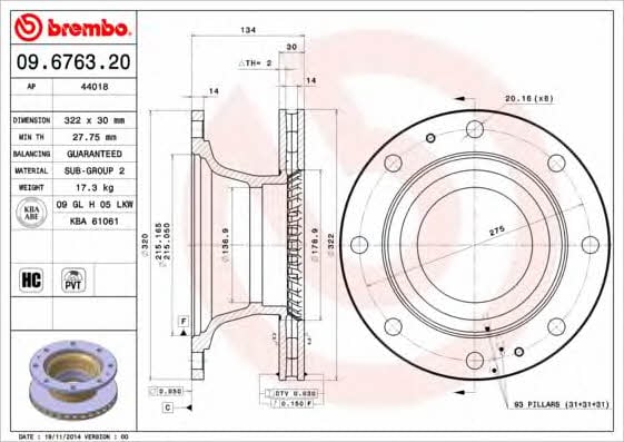 Rear vented brake disc Brembo 09.6763.20