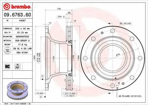 Rear ventilated brake disc Brembo 09.6763.60