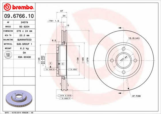 Vented brake disc, 1 pc Brembo 09.6766.10