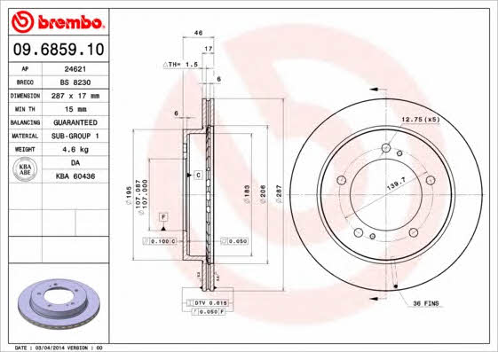 Ventilated disc brake, 1 pcs. Brembo 09.6859.10
