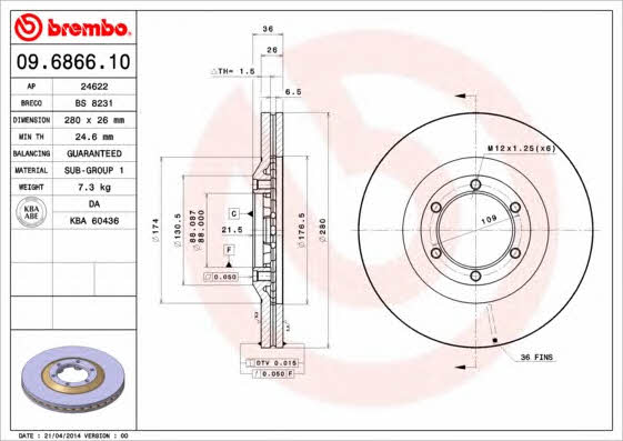 Ventilated disc brake, 1 pcs. Brembo 09.6866.10