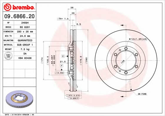 Ventilated disc brake, 1 pcs. Brembo 09.6866.20