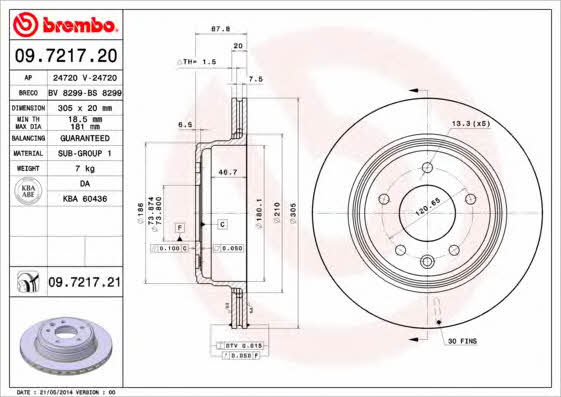 Brembo 09.7217.20 Rear ventilated brake disc 09721720