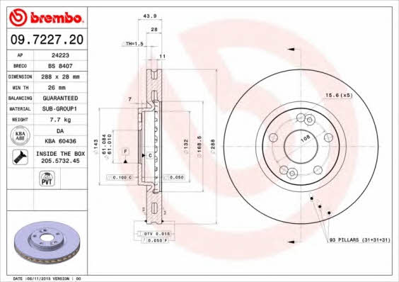 Ventilated disc brake, 1 pcs. Brembo 09.7227.20