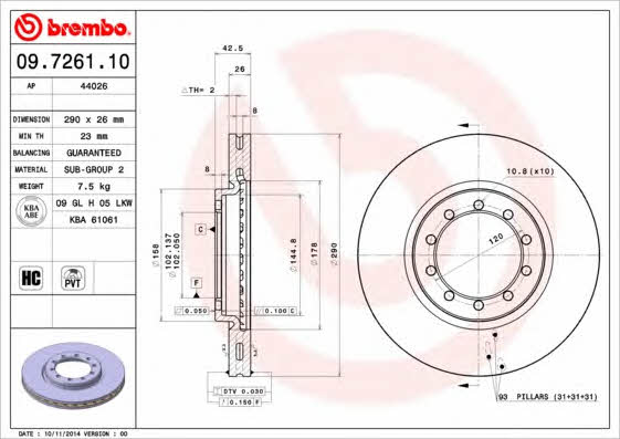 Vented brake disc, 1 pc Brembo 09.7261.10