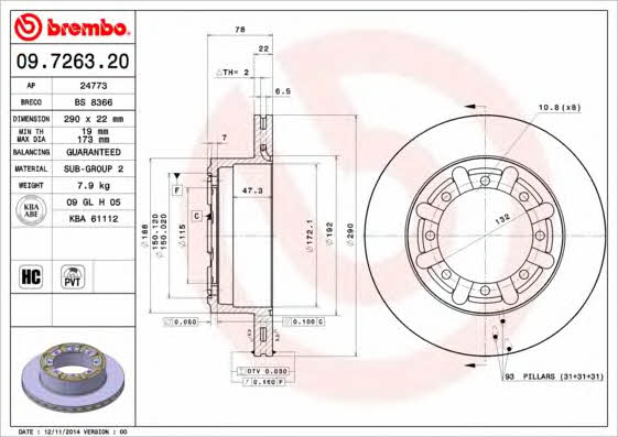 Rear ventilated brake disc Brembo 09.7263.20