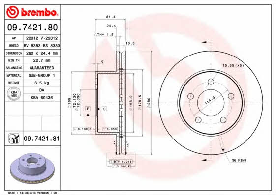 Ventilated disc brake, 1 pcs. Brembo 09.7421.81