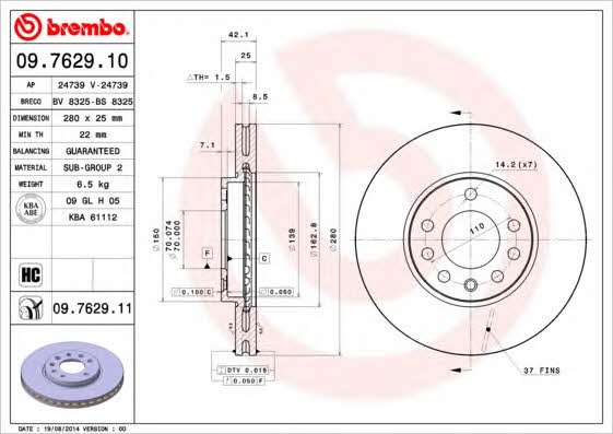 Ventilated disc brake, 1 pcs. Brembo 09.7629.11
