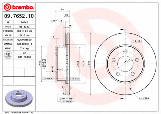 Ventilated disc brake, 1 pcs. Brembo 09.7652.10