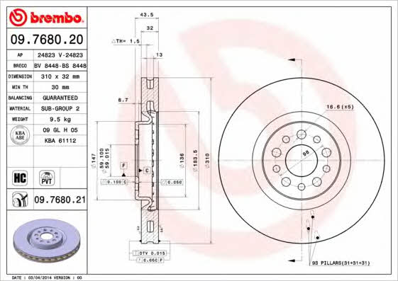 Brembo 09.7680.20 Front brake disc ventilated 09768020
