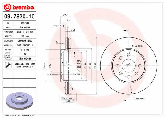 Ventilated disc brake, 1 pcs. Brembo 09.7820.10