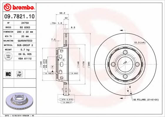 Ventilated disc brake, 1 pcs. Brembo 09.7821.10