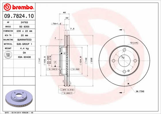 Vented brake disc, 1 pc Brembo 09.7824.10