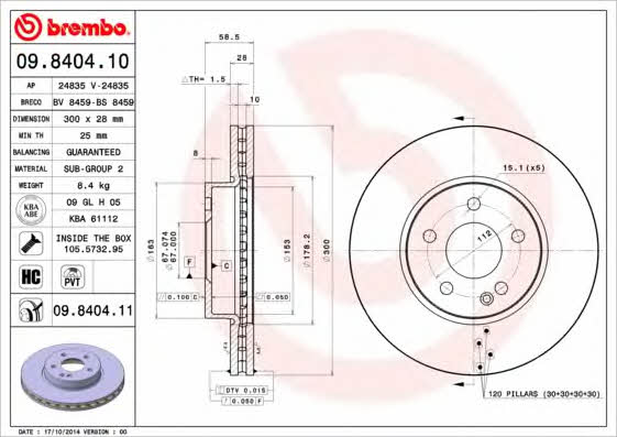Brembo 09.8404.10 Ventilated disc brake, 1 pcs. 09840410