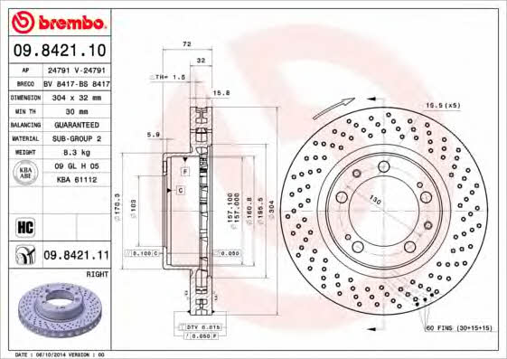 Ventilated brake disc with perforation Brembo 09.8421.11