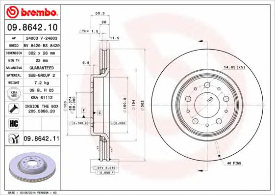 Front vented brake disc Brembo 09.8642.11