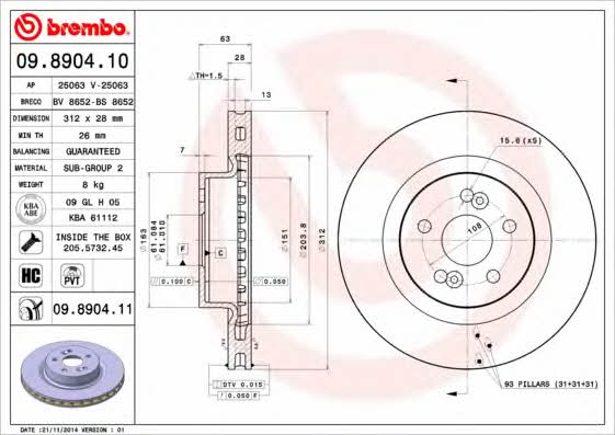 Ventilated disc brake, 1 pcs. Brembo 09.8904.10