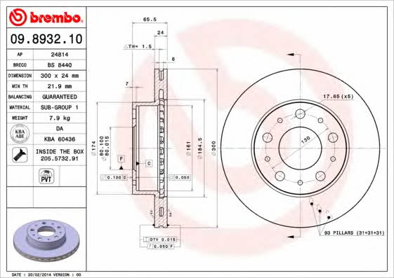 Vented brake disc, 1 pc Brembo 09.8932.10