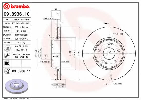 Brembo 09.8936.10 Front brake disc ventilated 09893610