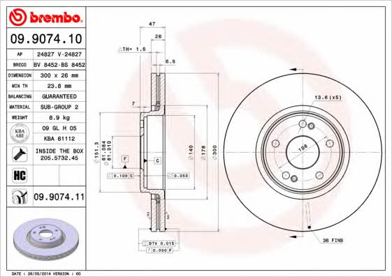Brembo 09.9074.10 Ventilated disc brake, 1 pcs. 09907410