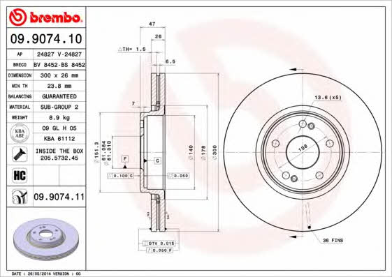 Vented brake disc, 1 pc Brembo 09.9074.11