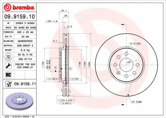 Vented brake disc, 1 pc Brembo 09.9159.11