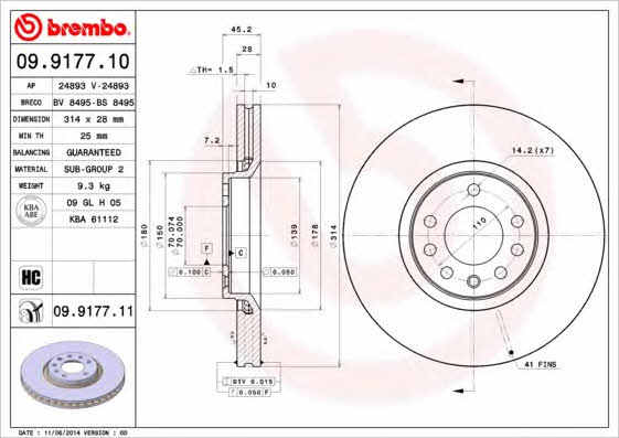 Brembo 09.9177.10 Ventilated disc brake, 1 pcs. 09917710