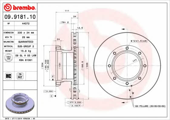 Rear vented brake disc Brembo 09.9181.10