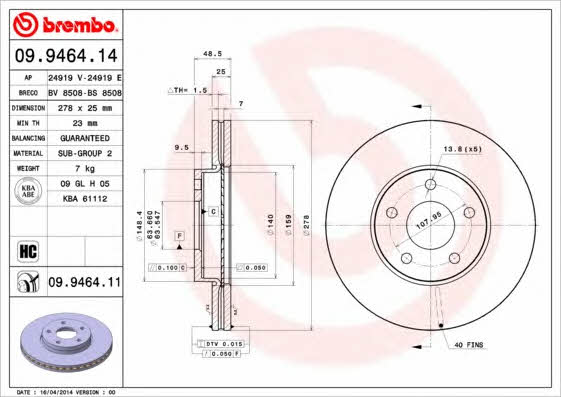 Brembo 09.9464.14 Front brake disc ventilated 09946414