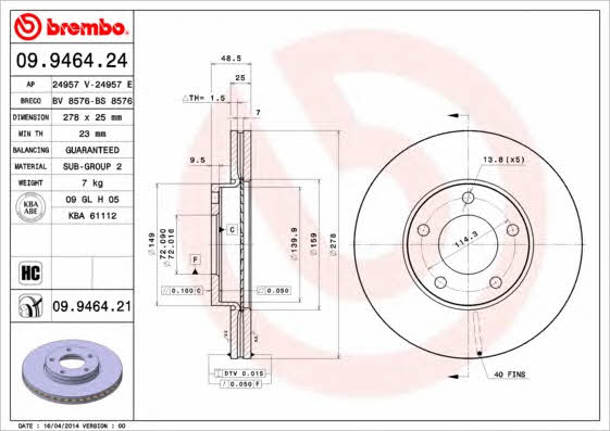 Front vented brake disc Brembo 09.9464.21