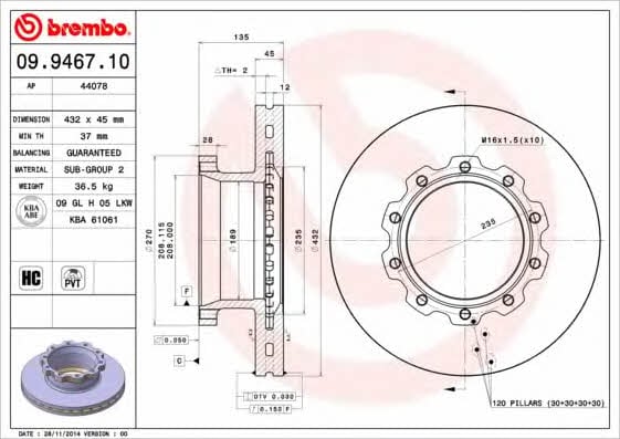 Vented brake disc, 1 pc Brembo 09.9467.10