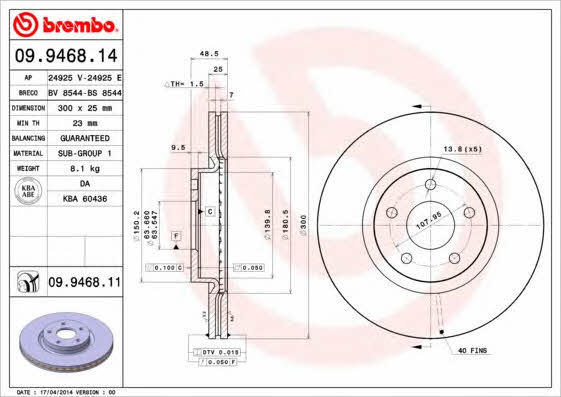Brembo 09.9468.14 Ventilated disc brake, 1 pcs. 09946814