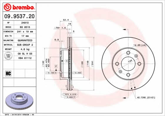 Vented brake disc, 1 pc Brembo 09.9537.20