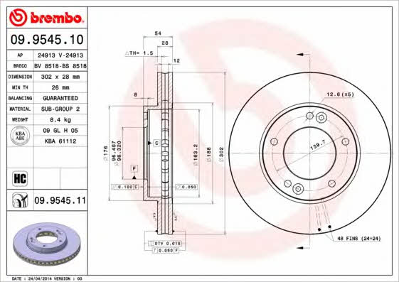 Vented brake disc, 1 pc Brembo 09.9545.11