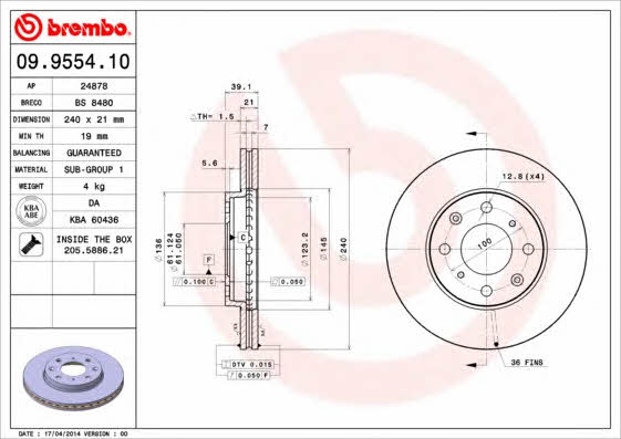 Ventilated disc brake, 1 pcs. Brembo 09.9554.10