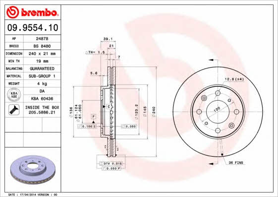 Vented brake disc, 1 pc Brembo 09.9554.10
