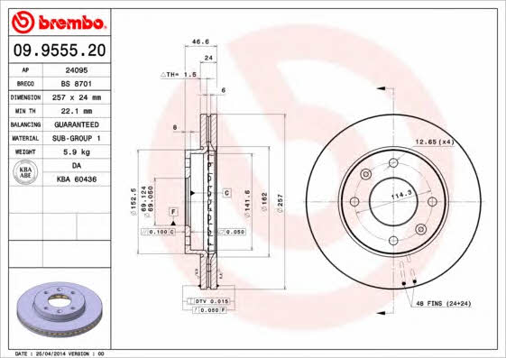 Ventilated disc brake, 1 pcs. Brembo 09.9555.20