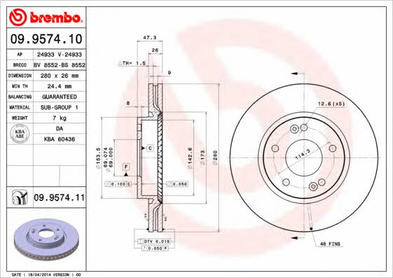 Ventilated disc brake, 1 pcs. Brembo 09.9574.11