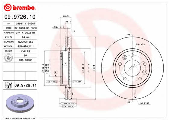 Ventilated disc brake, 1 pcs. Brembo 09.9726.11