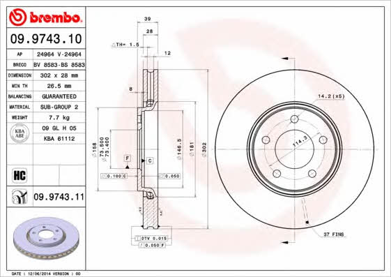 Brembo 09.9743.10 Front brake disc ventilated 09974310