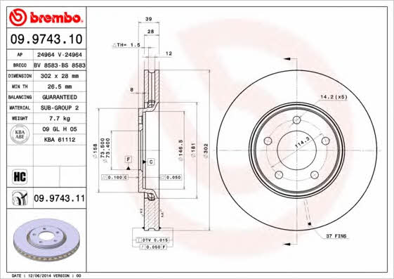 Front vented brake disc Brembo 09.9743.11