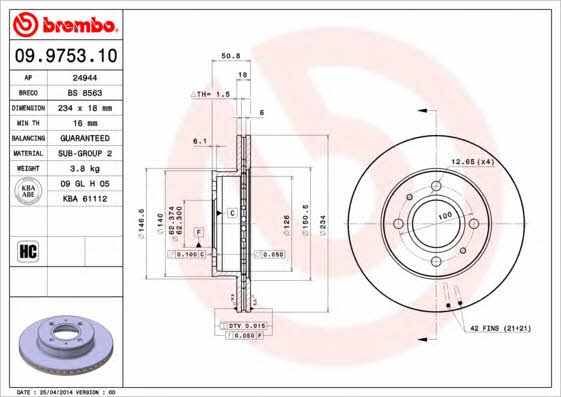 Vented brake disc, 1 pc Brembo 09.9753.10