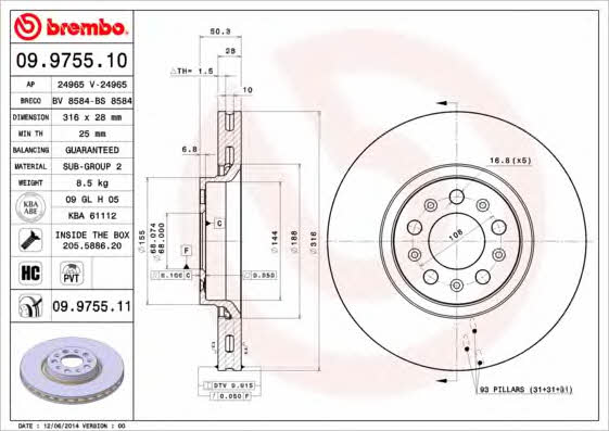 Vented brake disc, 1 pc Brembo 09.9755.11