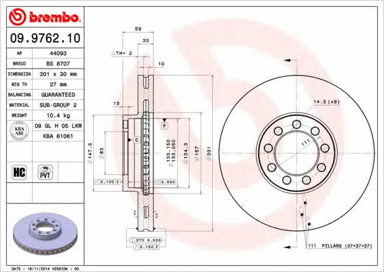 Ventilated disc brake, 1 pcs. Brembo 09.9762.10