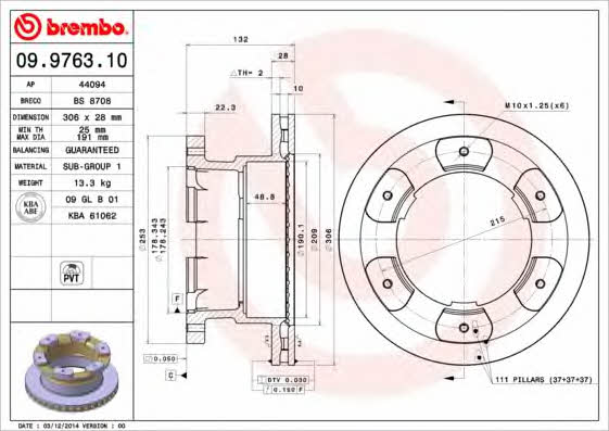 Rear vented brake disc Brembo 09.9763.10